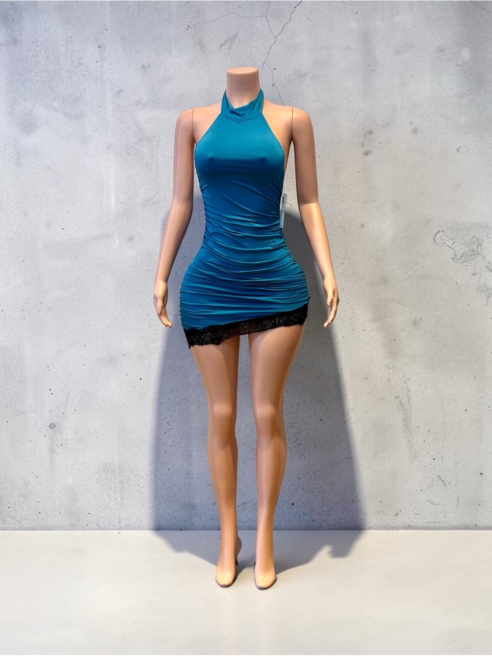Teal Halter Ruched Mini Dress with Lace Trim
